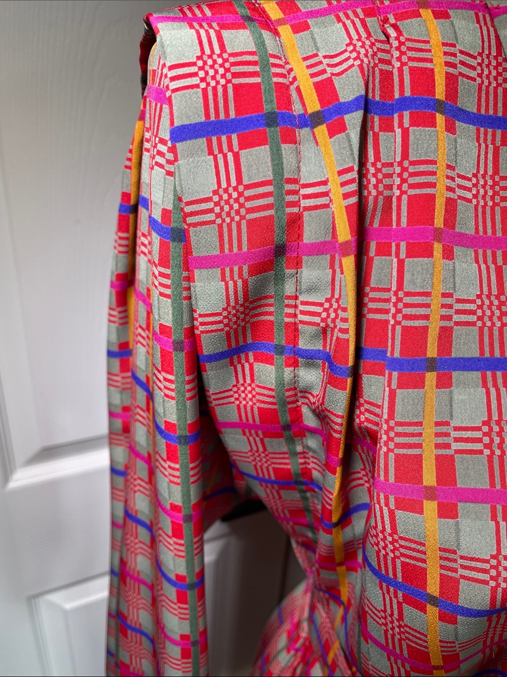 Vintage Hana Sung 1980s Plaid Shirt Dress Midi Belted Shoulder Pads Pink Blue 10 - Picture 4 of 13